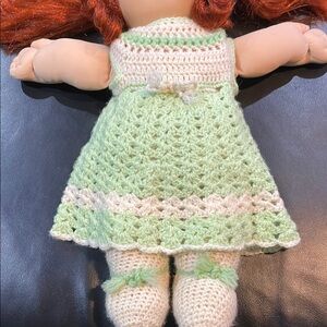 Handcrafted Green and White Crochet Cabbage Patch Doll Outfit